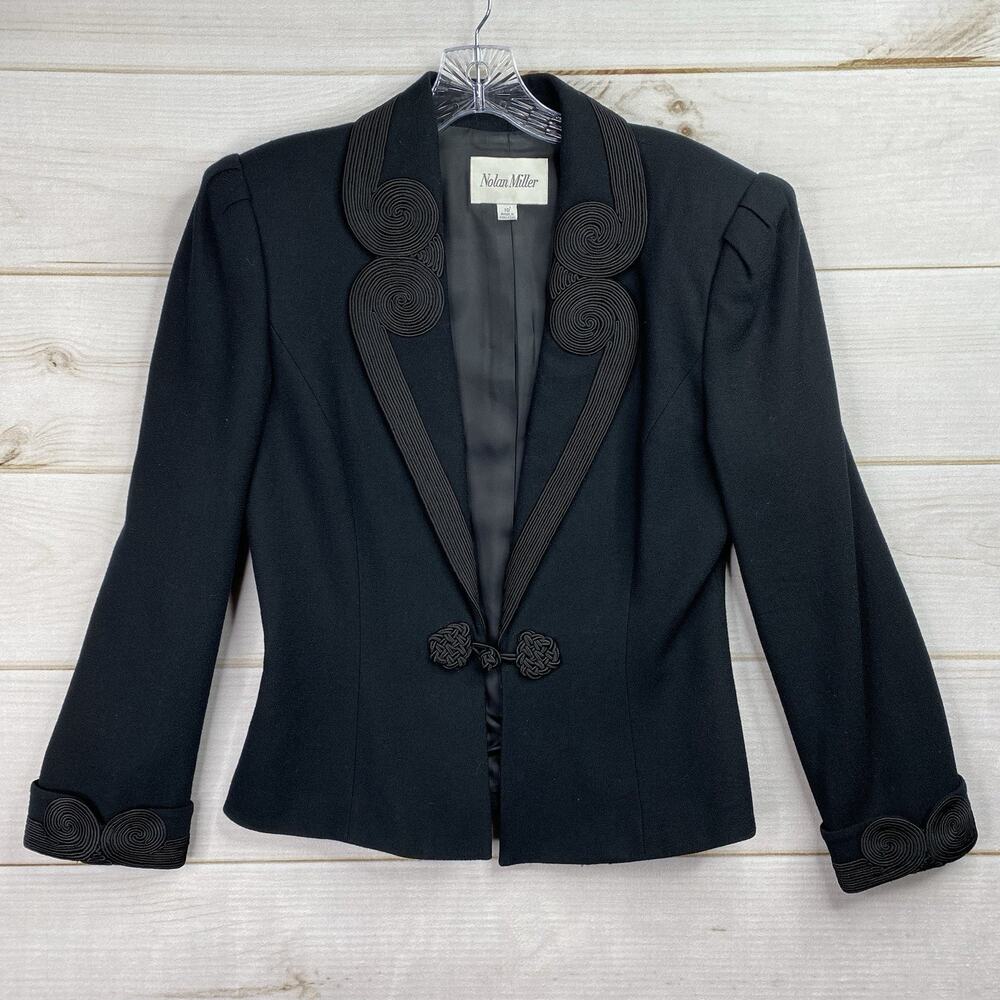 Vtg Nolan Miller Wool Blazer Womens 10 Black Embroidered Pleated Shoulder Lined